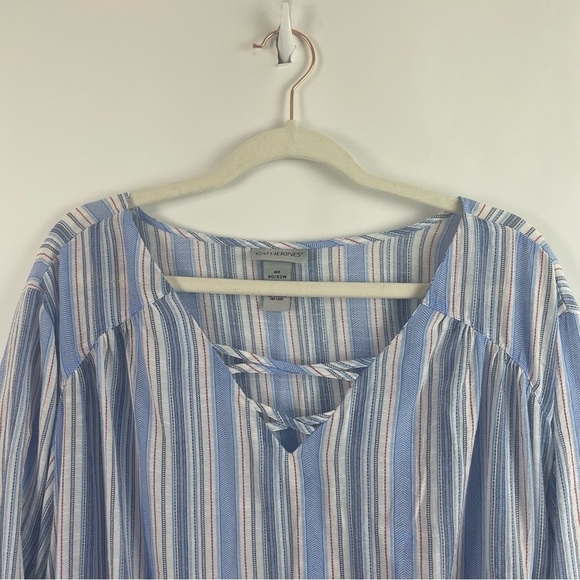 Catherines Boxy Tunic Top Blue Striped V-Neck Roll Tab Sleeves Flowy & Beachy 4X - Picture 2 of 13